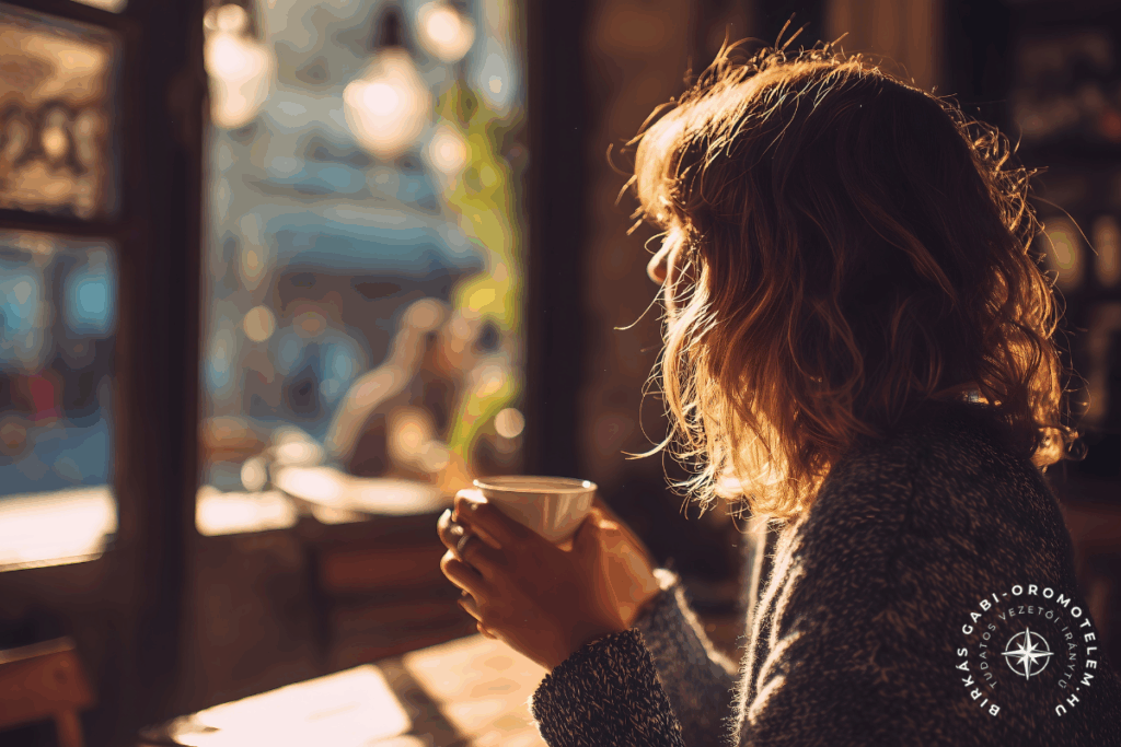 Nő kávézóban, aki a randija után elgondolkodik – a RandiRadar segít tisztán látni.