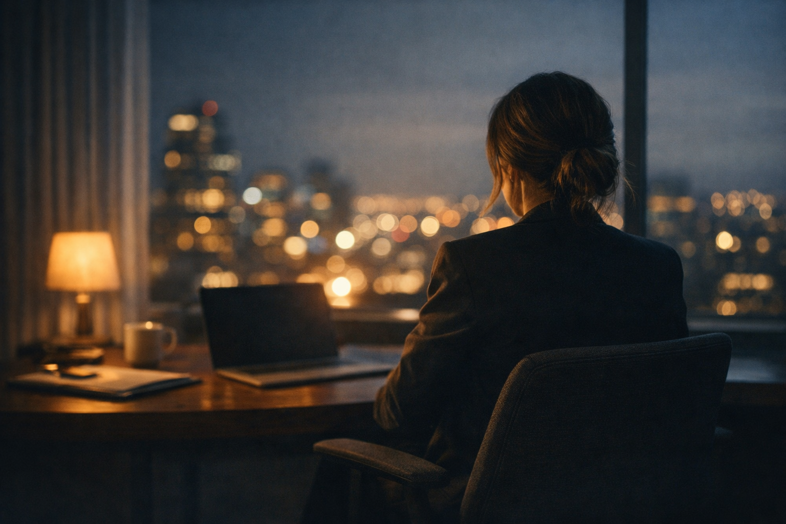 A csend a csúcson – vezető nő önreflexív pillanata éjszakai környezetben